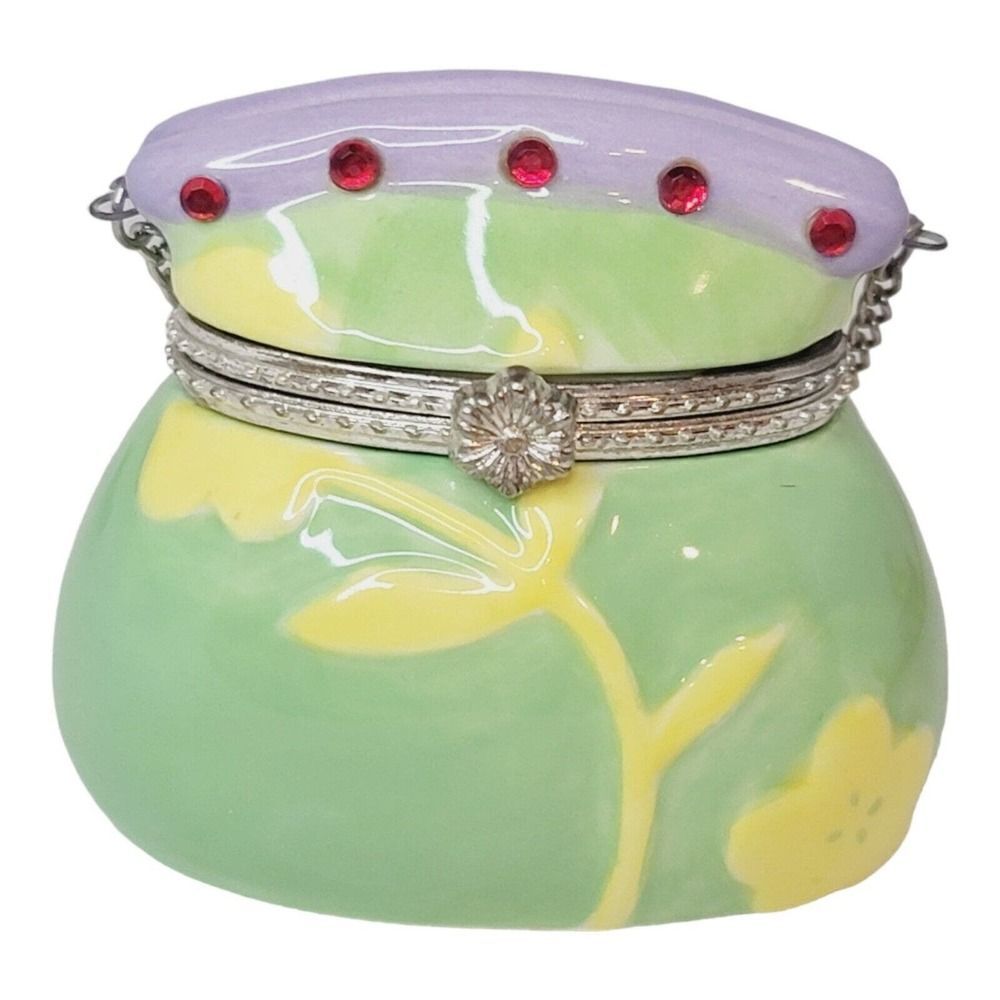 Hallmark Bezel‎ Box Trinket Box Green Yellow Flowers Purse With Chain Retired